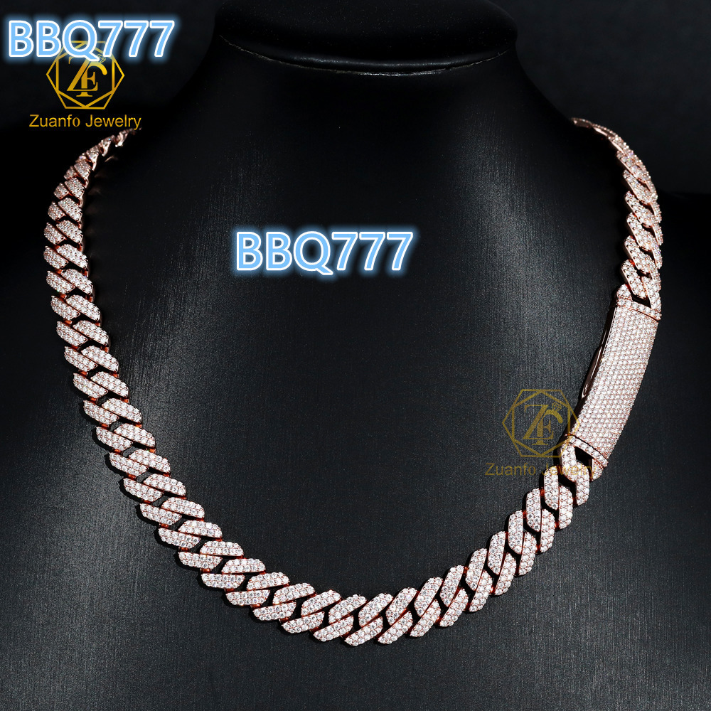Factory Custom Classic Cuban Link Chain Pass Diamond Tester Rose Gold Bent Buckle 925 Silver Moissanite Cuban Necklace