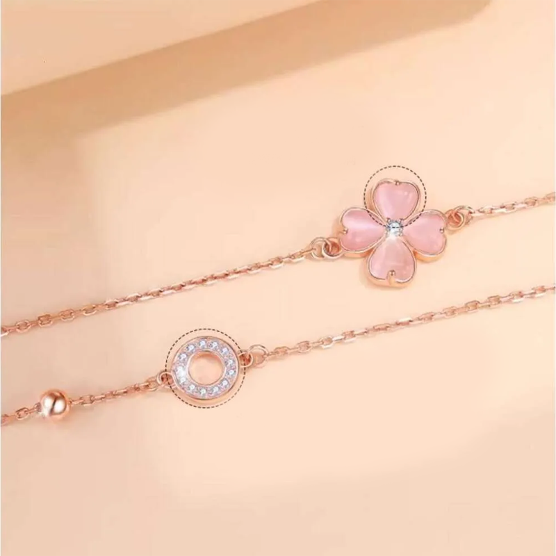 Pink Dia Four-leaf Clover Women Heart-shaped Cat's Eye Stone Double-layer Bracelet Fresh Sweet Designer Jewelry Ins Style Summer Jewelry For Girl