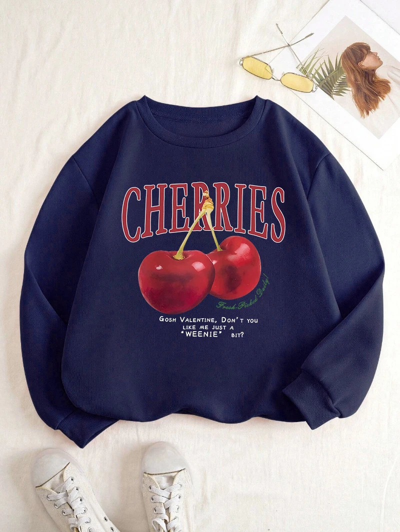 Fashion Womens Sweatshirt Fresh Red Cherries Printing Pullover Crewneck Fleece Soft Breathable Hoodie Autumn Female Streetwear 250725