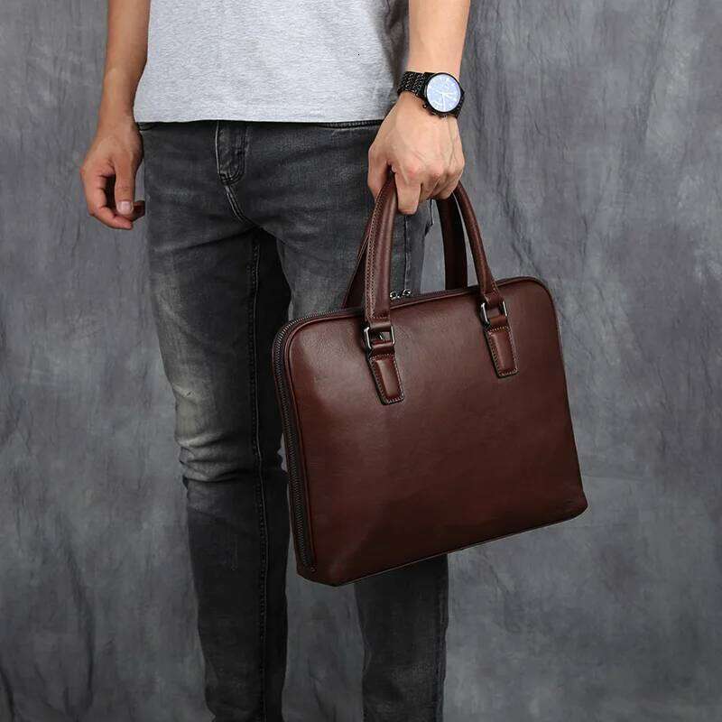 Vintage Men's Briefcase Top Layer Cowhide Casual Handbag Leather Business Shoulder Messenger Brown 14 Inch Laptop Bag NZPJ