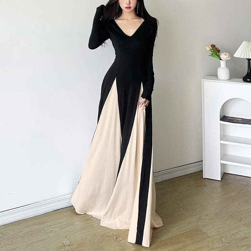 2024 Autumn New Women's Fashion Color-Block V-Neck Slim Fit Patchwork Dress d8f