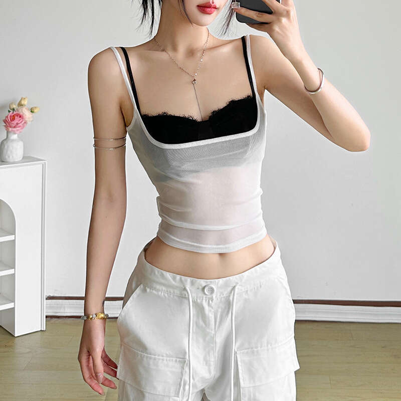 2025 Spring New Women's Solid Color Slim Fit Fashion Strapless Tube Top Mesh Two-Piece Set Vest a12