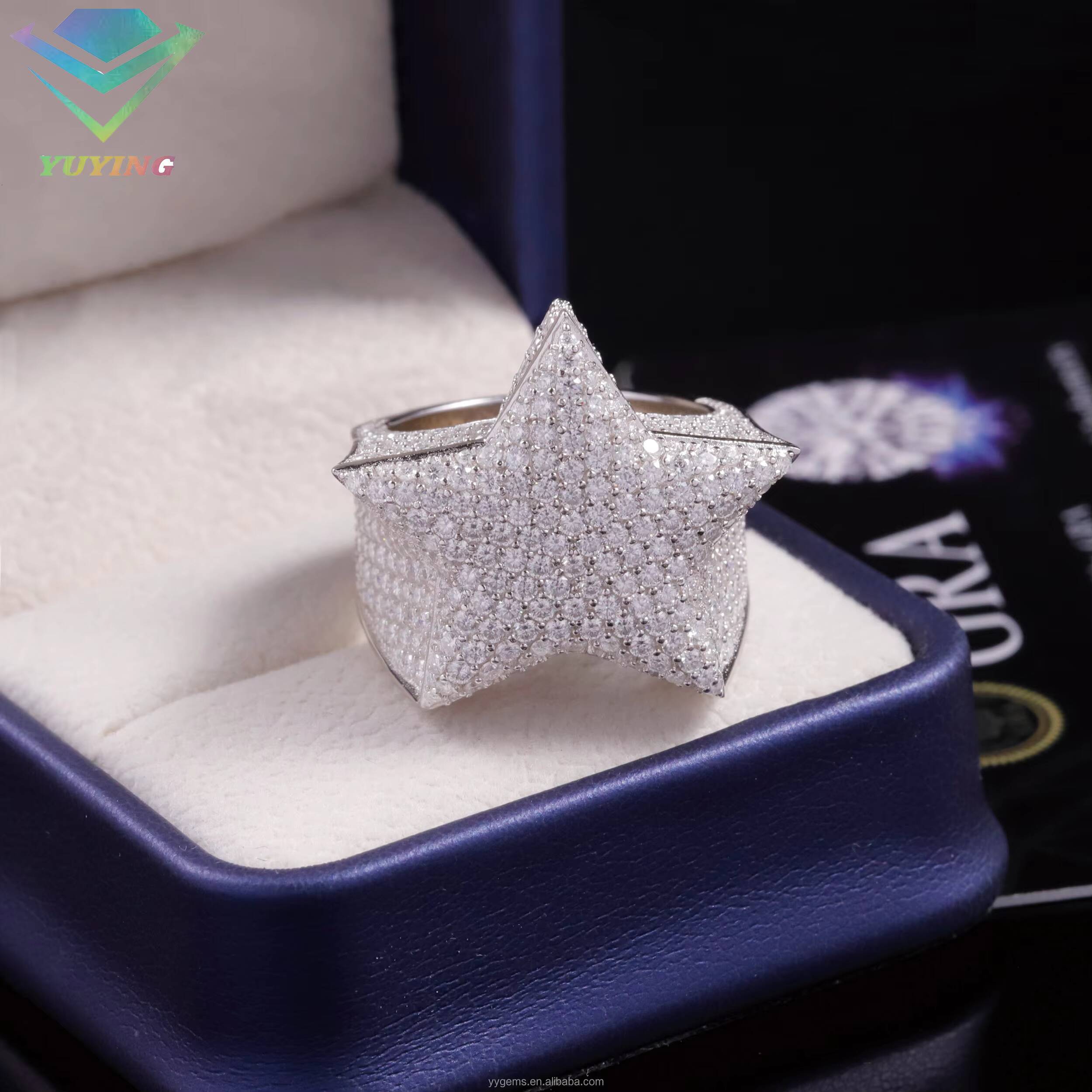 Fashion Hip Hop Lucky Star Fine Jewelry Full Iced Out Gold Plated 925 Sterling Silver VVS Moissanite Diamond Star Ring Men Women
