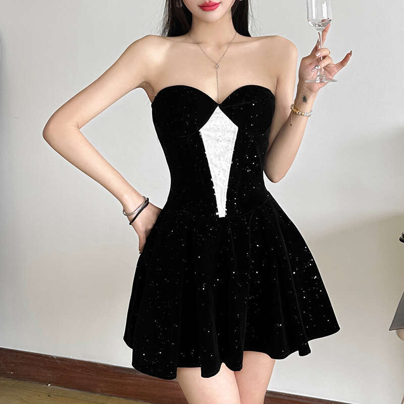 2024 Women's Autumn Winter New Solid Color Sexy Off-Shoulder Strapless Waist-Cinching Dress dd6