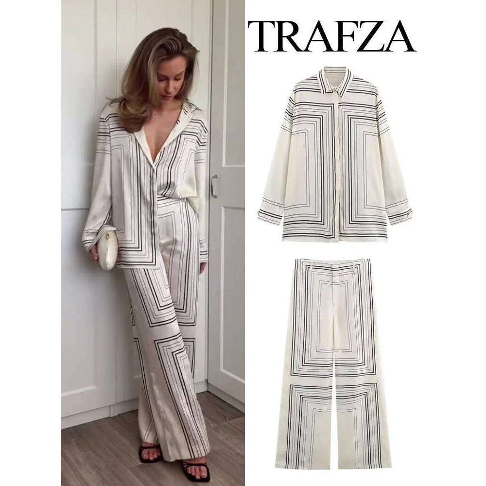 Designer Leisure High Quality TRAFZA 2025 Women Trouser Suit Turn-down Collar Sleeve Single-breasted Slim Print Shirt+High Waist Zipper Loose Long Pan