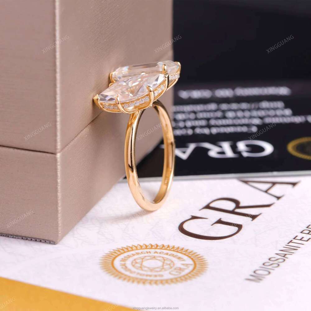 XingGuan Two Stone Toi Et Moi 2.00 CTW Emerald & Marquise Cut Moissanite Yellow Gold D/VVS1 Ring Woman
