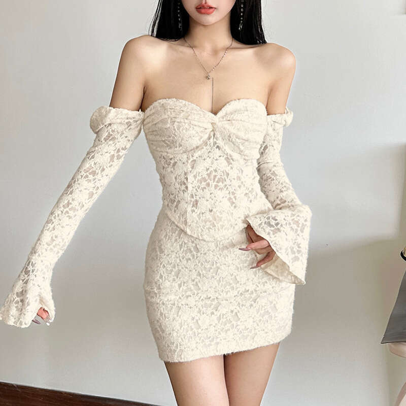 2024 Autumn Winter New Sexy Long Sleeve Square Neck Top High Waist Bodycon Skirt 03f