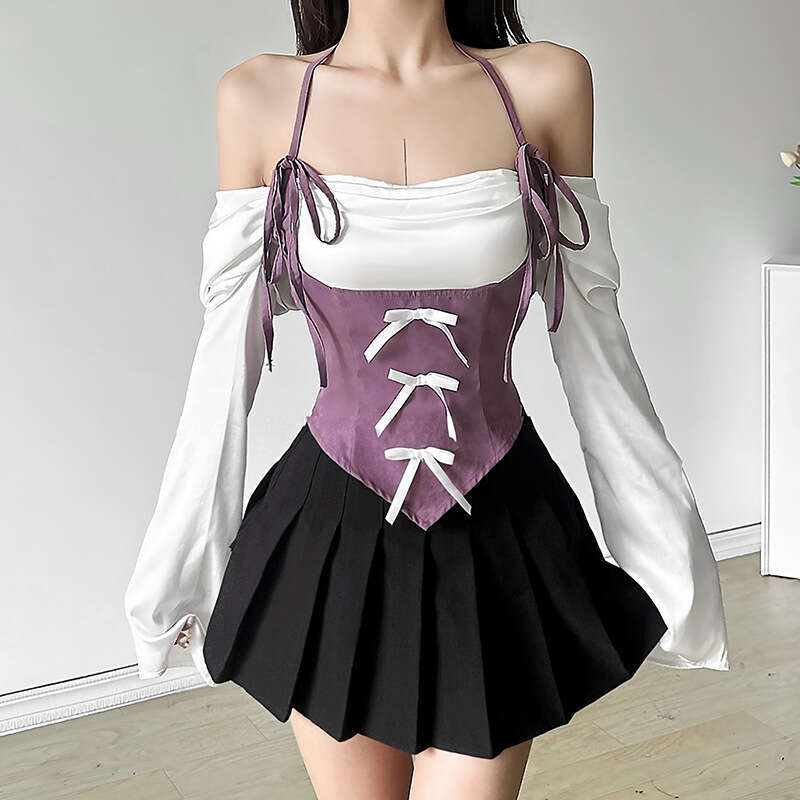 2024 Autumn New Women's Solid Color Slim Street Fashion Off-Shoulder Halter Neck Long Sleeve Top f61