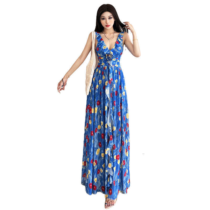 2025 Summer New French Style Waist-Cinching V-Neck Slim Fit Three-Dimensional Floral Sleeveless Versatile Long Dress 7d5