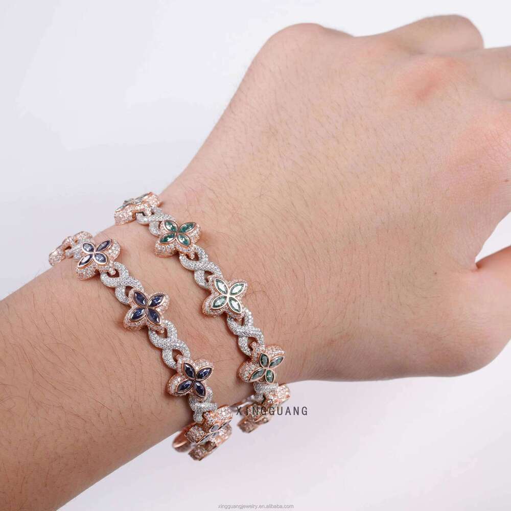 New Fashion Four Leaf Sterling Sier Colored Marquise Moissanite Infinity Link Clover Cuban Bracelet