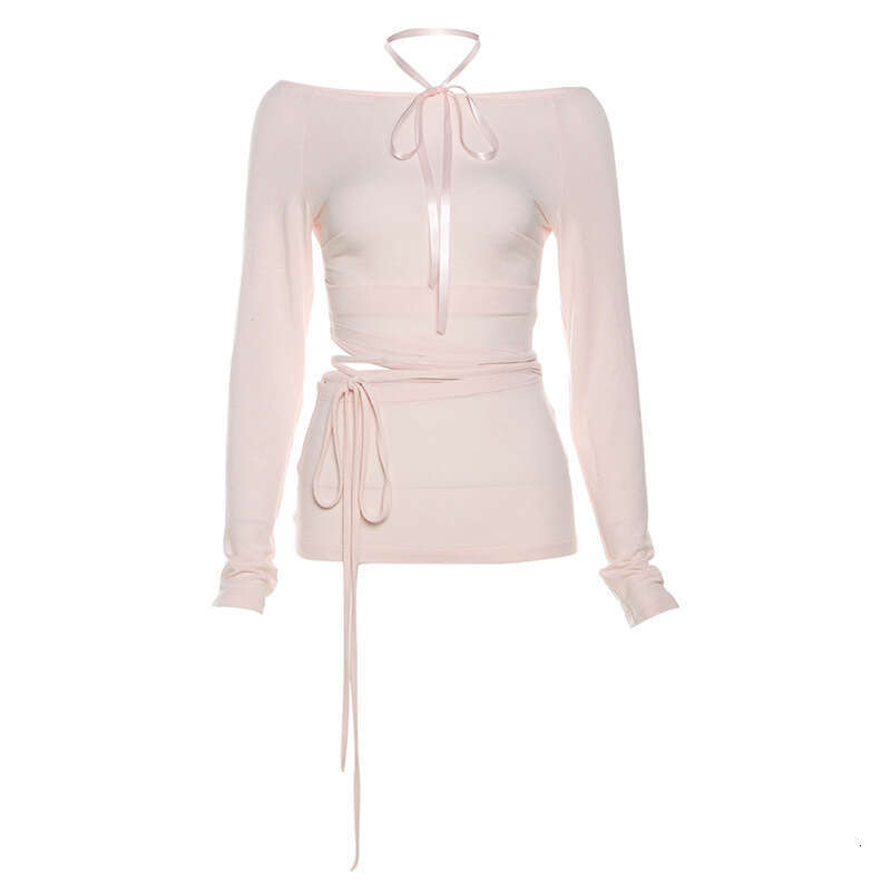 2024 Spring New Women's Fashion Sexy Long Sleeve Round Neck Waist-Exposing Tie T-Shirt a63