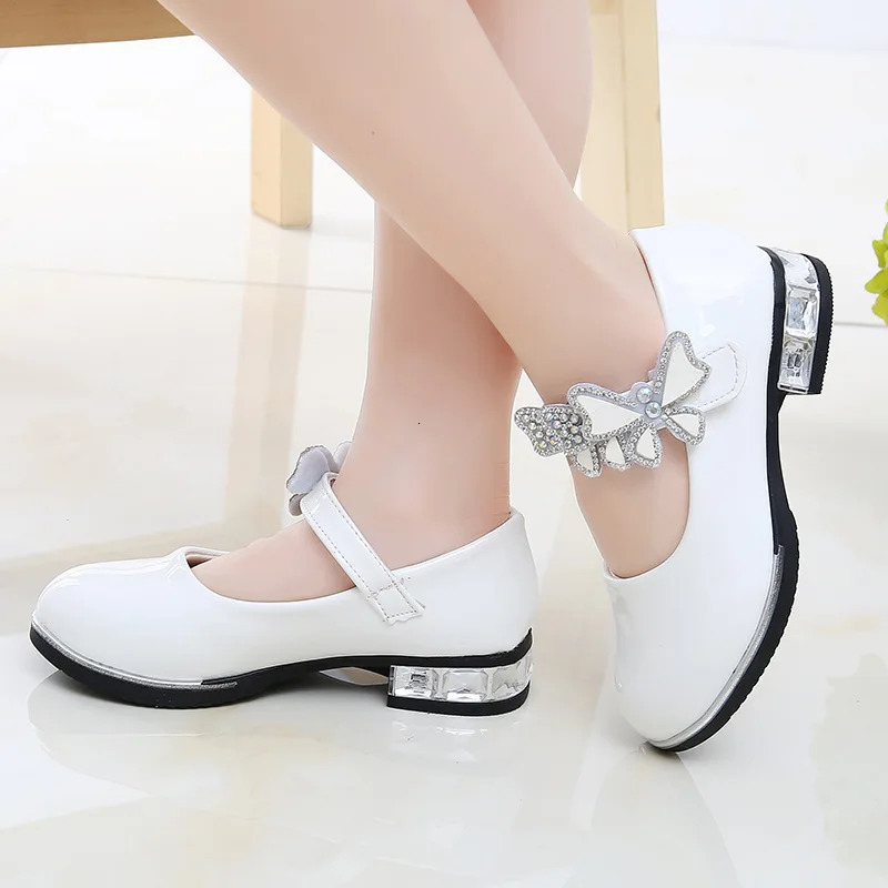 Spring Summer Girls Leather Shoes PU Patent Kids Dress High Heels Butterflyknot for Weddings Chic 250725