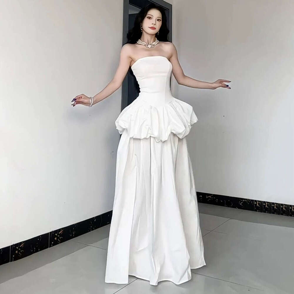 2025 Summer INS Style New Solid Color Waist-Cinching Flower Bud Strapless Slim Elegant Dress ea5