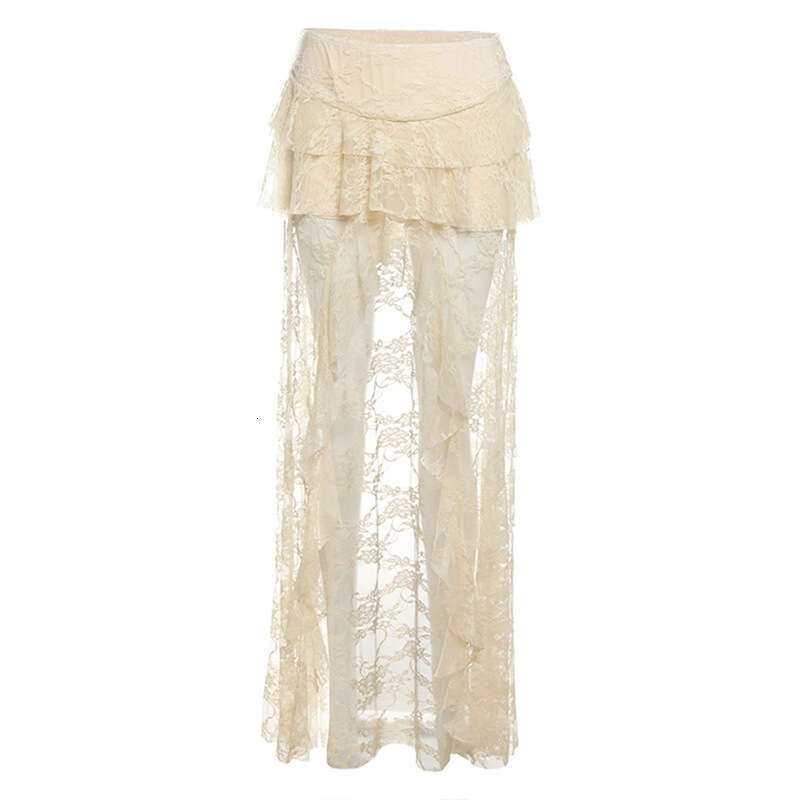 2025 Summer New Women's Solid Color Sexy High Waist Lace Mesh Split Skirt 819