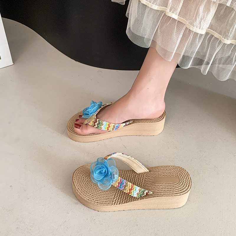 Ddmysports New Fairy Style Wedge Flip Flops For Women Summer Fashion Straw Woven Flower Thick Sole Casual Pastoral Vacation Beach Sandals Outdoor Shoe