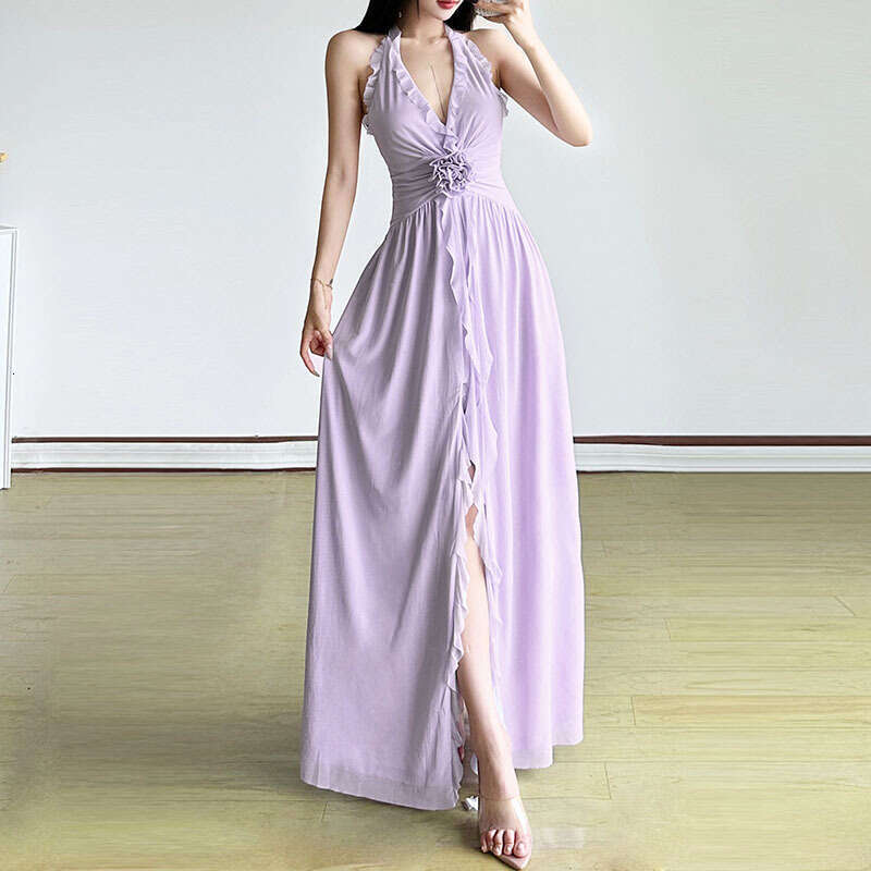 2025 Summer New Style Elegant Halter Neck Waist-Cinching Backless Fashion V-Neck Slit Dress for Women 202
