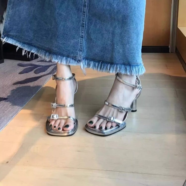 Ddmysports Rhinestone Elegant Sandals For Women New Summer Silver Square Open Toe One Strap Thick Heel High Heels Outdoor Shoes