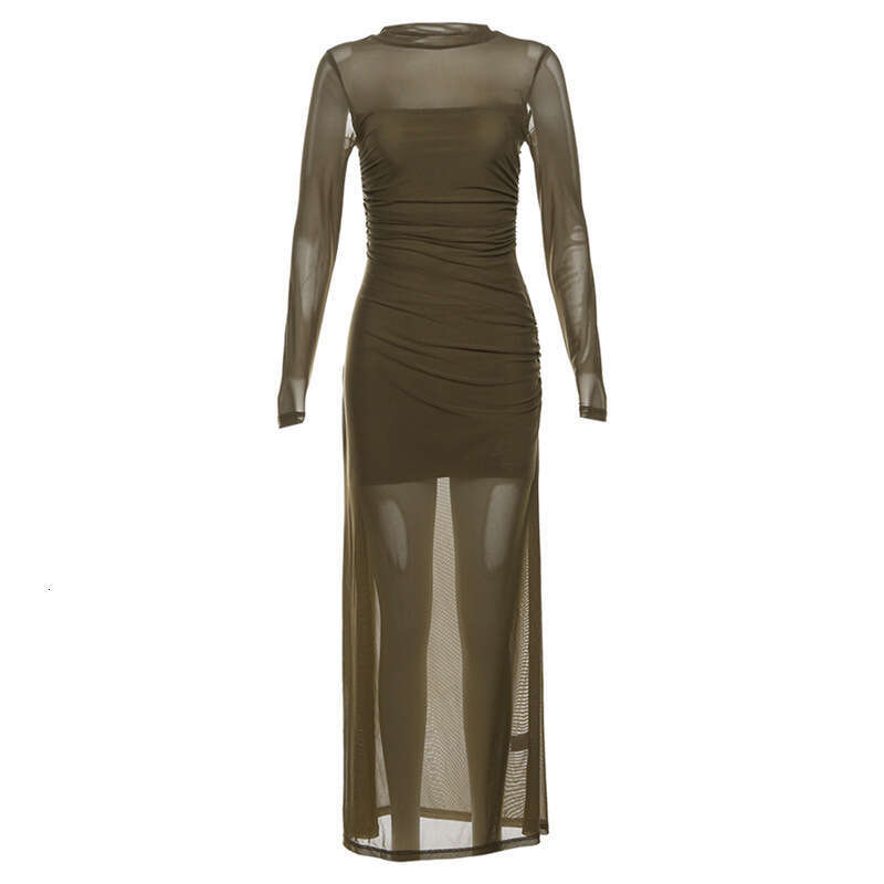 2024 Spring New Women's Solid Color Slim High Waist Fashion Round Neck Long Sleeve Sheer Mesh Dress 0b9
