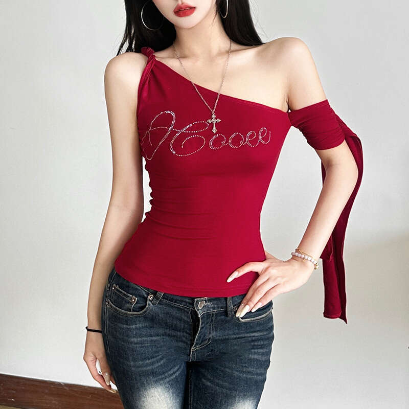 2025 Spring New Women's Fashion Solid Color Slim Fit Fashionable Asymmetrical Neck Single Shoulder Rhinestone Sleeveless Vest for Women 0f7