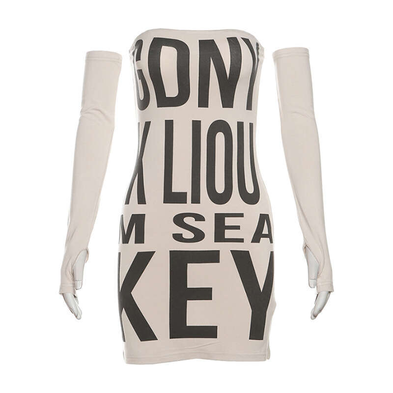 2024 Autumn/Winter New Street Style Sexy Letter Print Tube Top Bodycon Dress 8d5