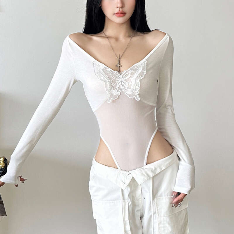 2024 Autumn Winter New Women's Solid Color Slim Street Fashion V-Neck Long Sleeve Mesh Jumpsuit a98