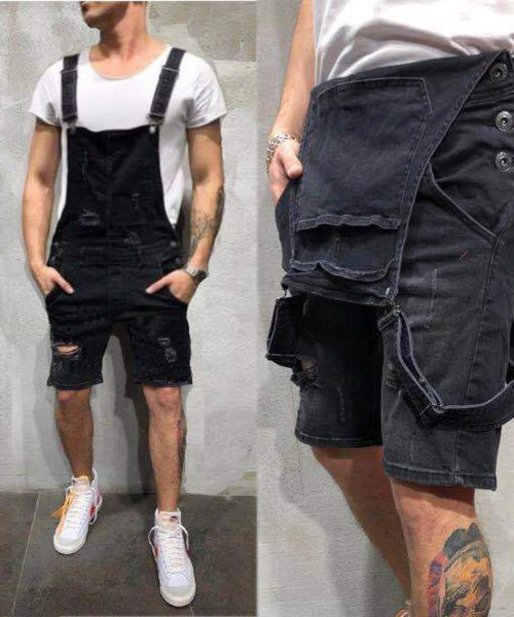 Men Overalls Playsuits Denim Jeans Shorts Rompers Washing Slim Fit Holes Pockets Distressed Spliced Streetwear 2024 250725