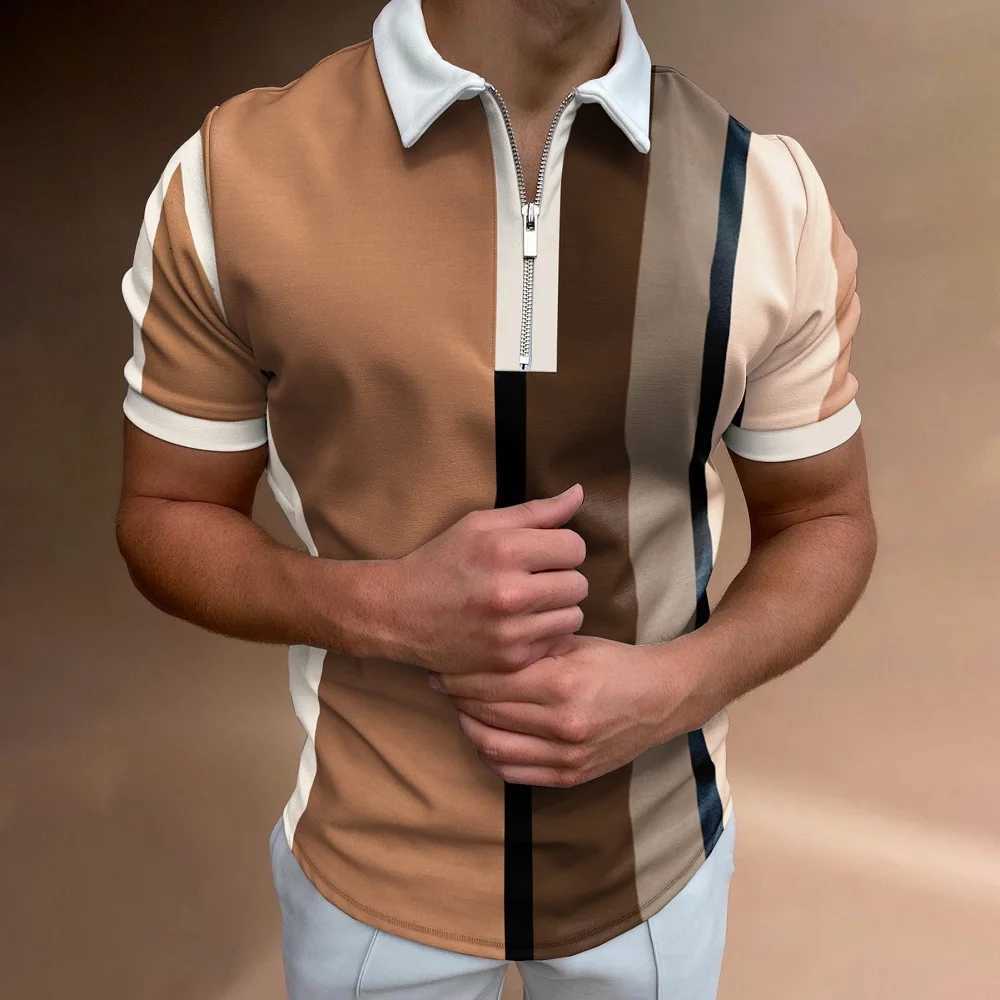 Mens Casual Striped Zipper Polo Shirt Personalized Printed Lapel Pullover Versatile Mens Tops Fashionable Mens ClothingXJ250725