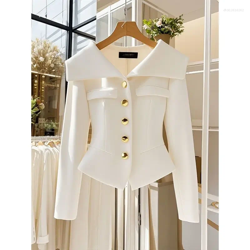 Women's Jackets High-end White Jacket Autumn Turndown Collar Short Tops Office Lady Blazer Button Women Clothing Trend Design TUES