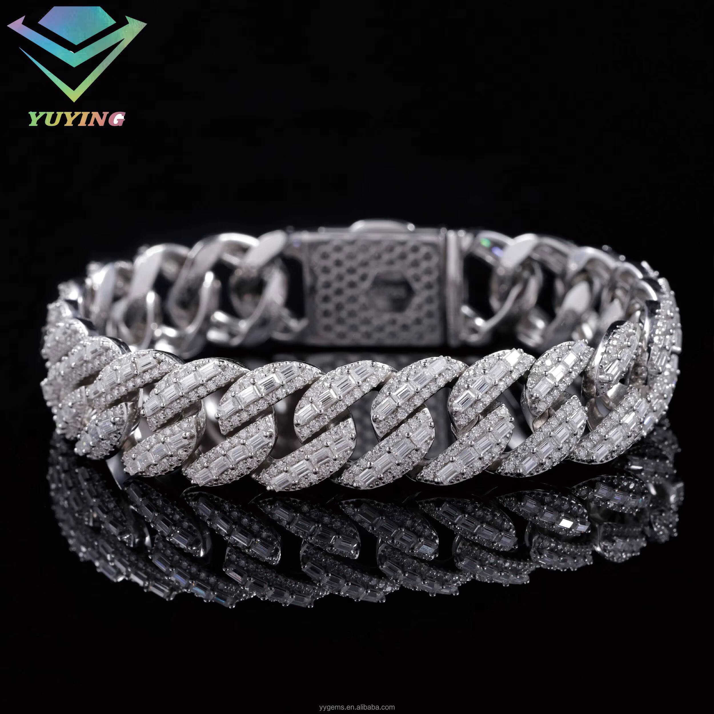 RTS Luxury Necklaces 15mm 18mm S925 Sterling Silver Baguette Moissanite Diamond Cuban Link Chain Hip Hop Necklace