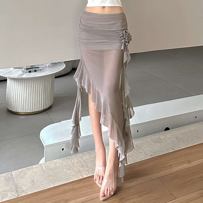 2024 Summer New Women's Solid Color Slim Fit Street Fashion High Waist Sheer Mesh Skirt 89c