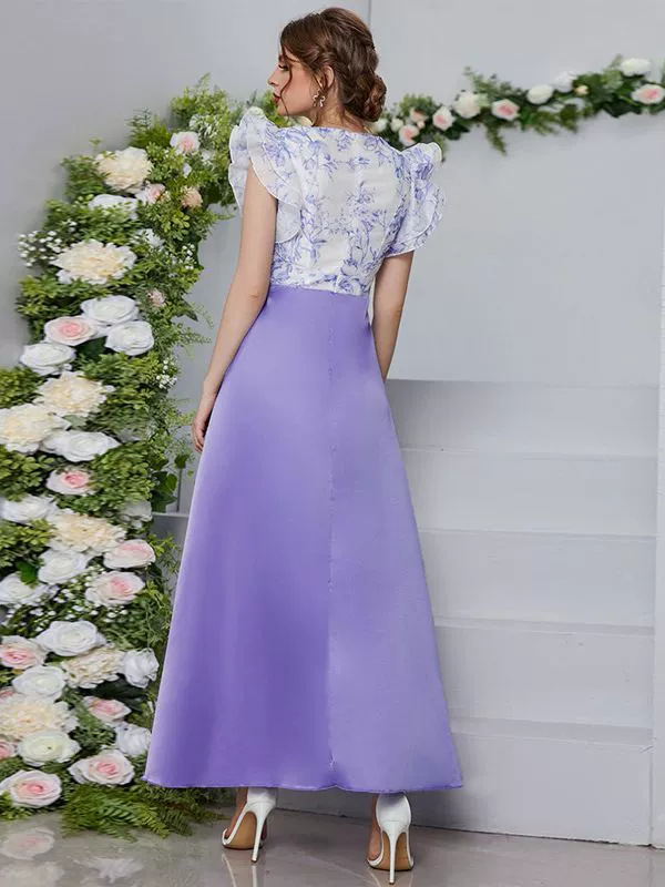 S724Women's Spring and Summer New Sexy V-neck Petal Sleeve Digital Printed Dress