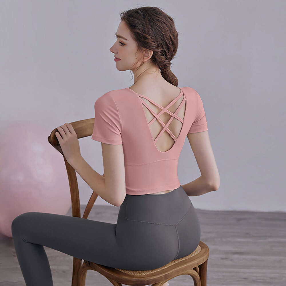 SXZY Fitness Yoga High-End Sports Bra Shockproof Short Sleeve with Chest Pads Quick-Dry Tight-Fitting Top for Women