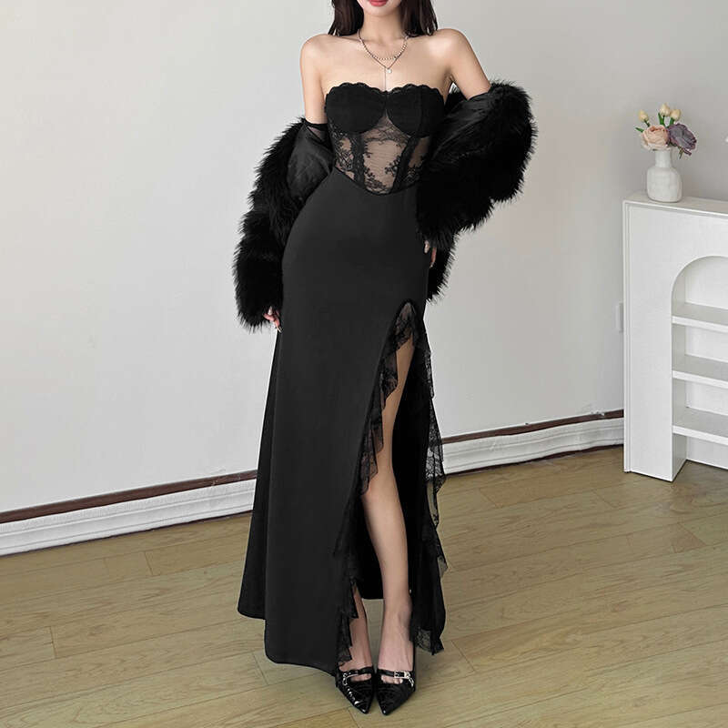 2024 Autumn New Women's Solid Color Slim High Waist Fashion Off-Shoulder Tube Dress 8c3