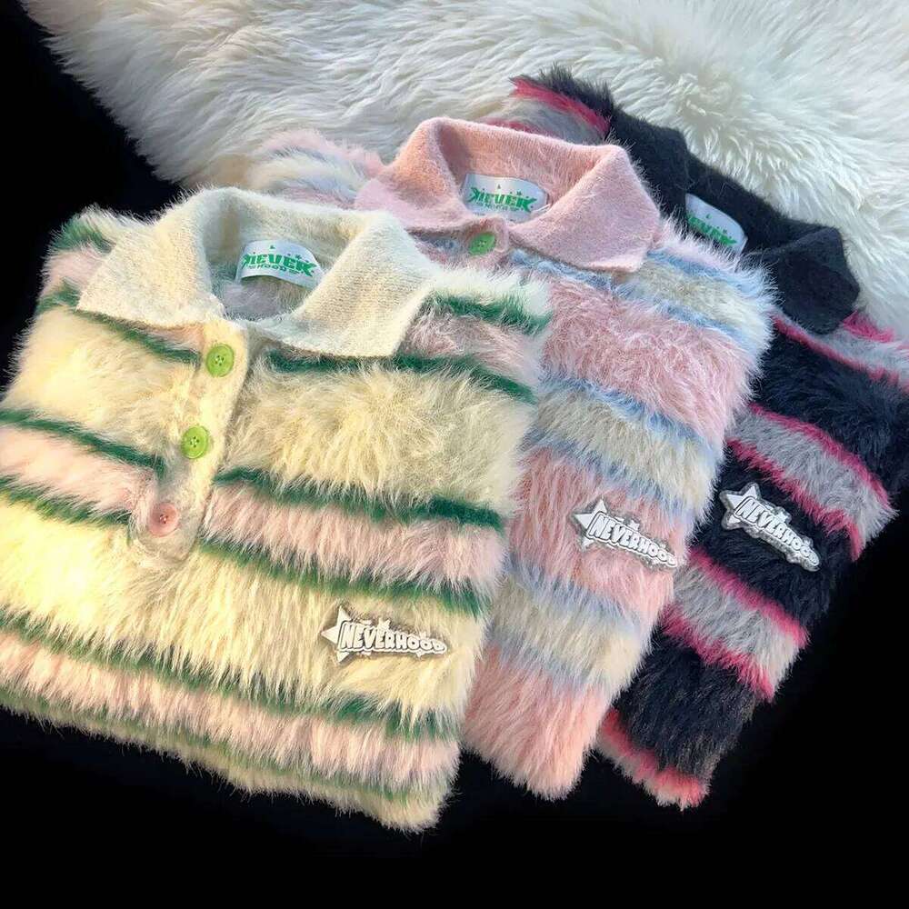Pink Striped Mohair Knit Sweater Women's Polo Neck Y2K Japanese Small Fresh Loose Pair Pullover Top Boys Girls Spring 2023 New