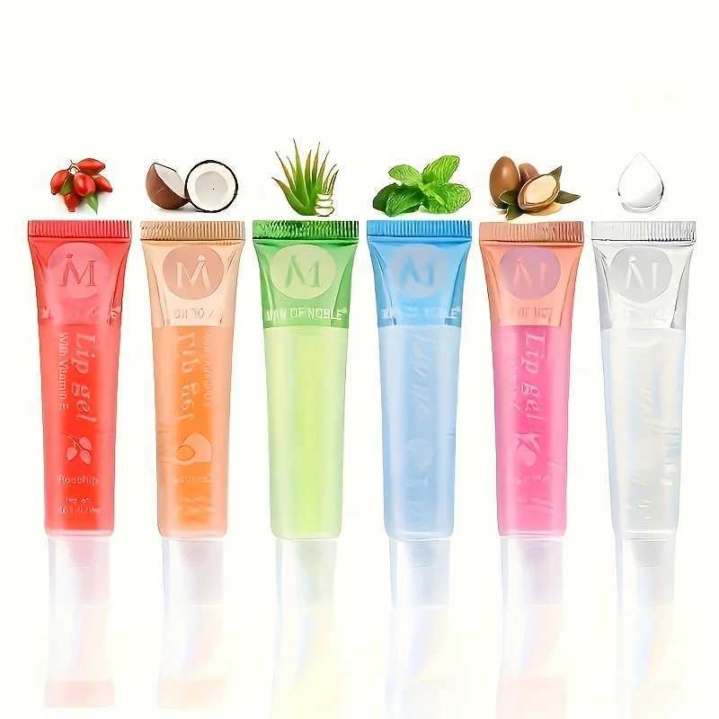 6/12Pcs Fruity Watery Glossy Lip Gloss Set VE Rosehip Argan Mint Aloe Coconut Flavor Clear Lip Oil Moisturizing Lip PlumpinXJ250724