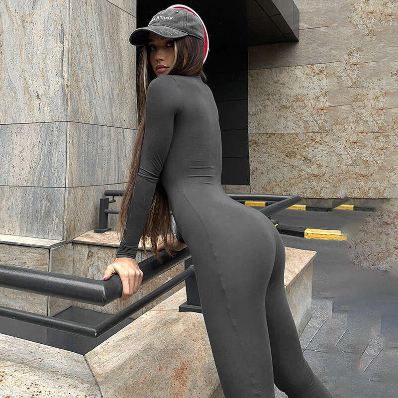 M23jp494 Women's Autumn New Solid Color Round Neck Zipper Slim Fit Flared Long Jumpsuit Casual Pants B5