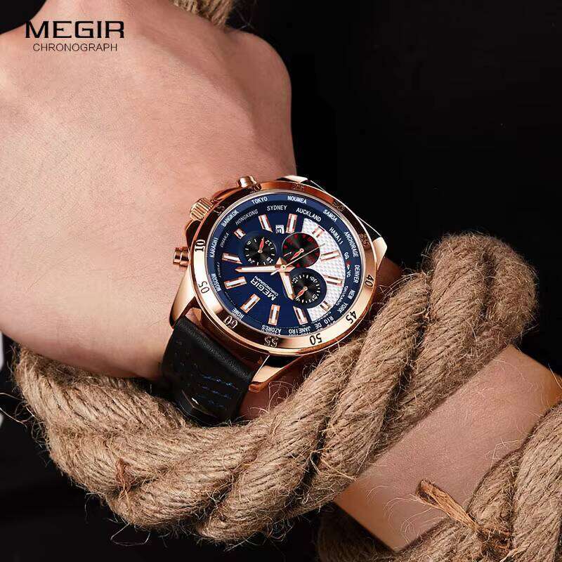 MEGIR Men's Oversized Chronograph Watch - 48mm Genuine Leather, Waterproof, Luminous - Bulk Wholesale Watch