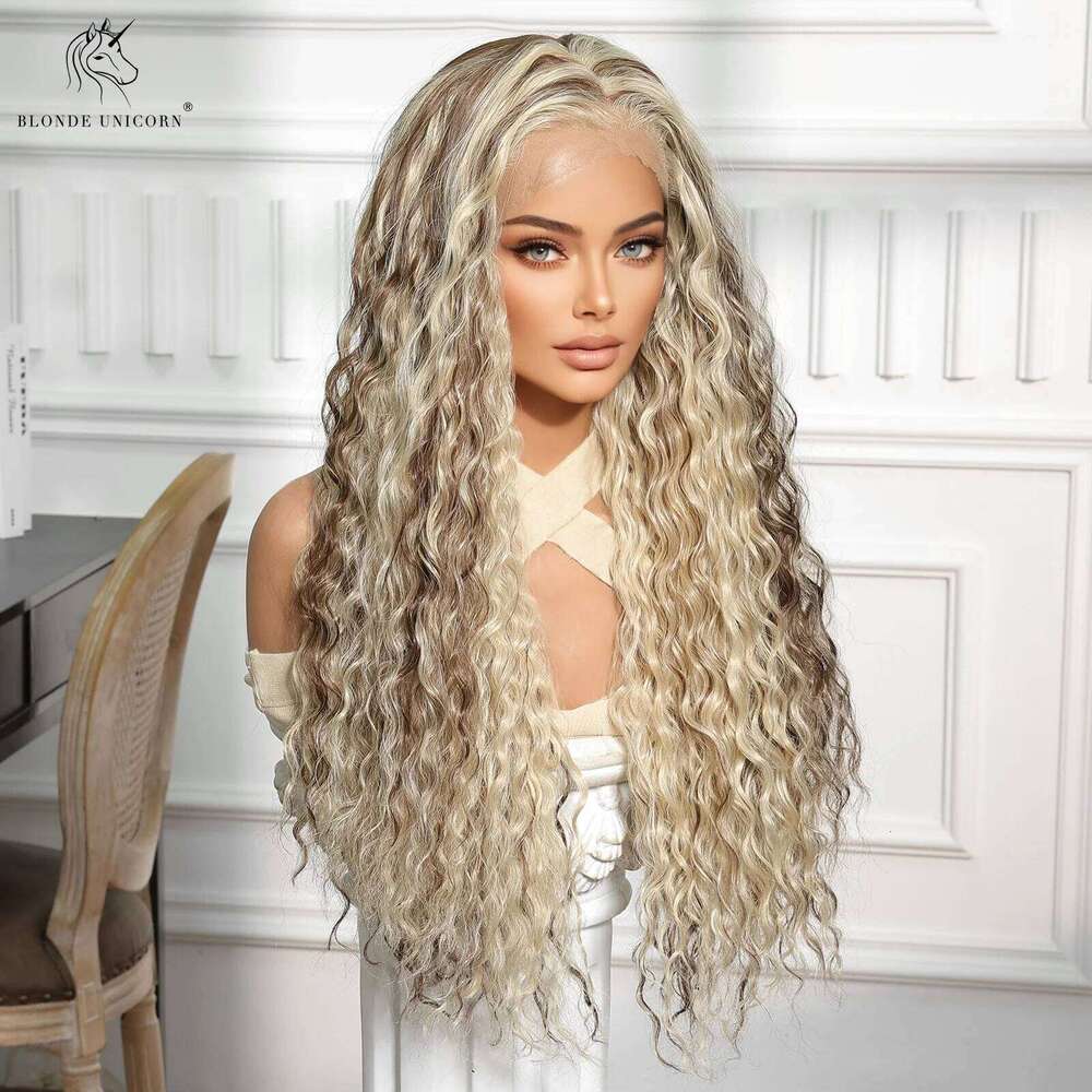 BLONDE UNICORN Women Curly Wave Lace Front Ombre Dark to Blonde Hair Wig Party Cosplay Heat Resistant Daily Natural