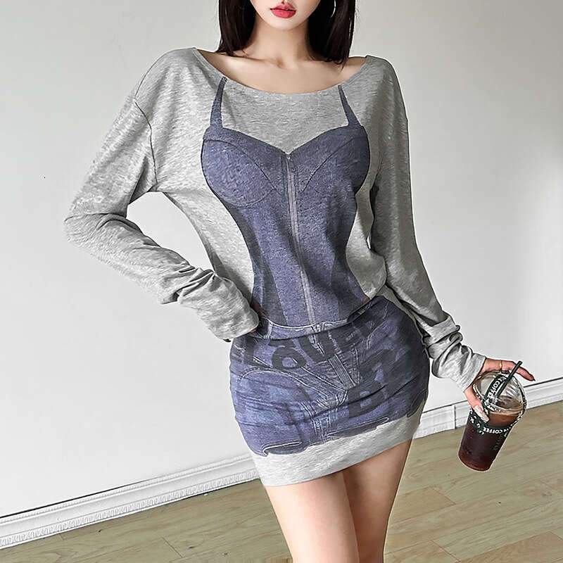 2024 Autumn New Women's Solid Color Slim Fit Fashion Off-Shoulder Printed Long Sleeve Dress 2c3