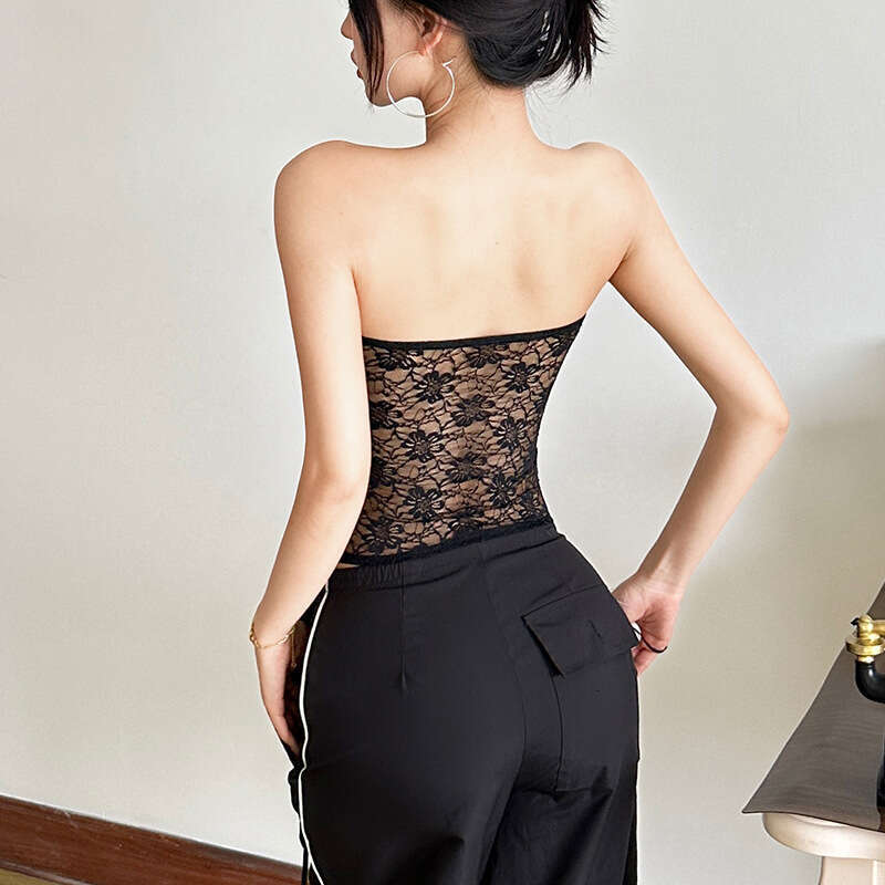2025 New Summer Pure Desire Style Lace Patchwork Striped Strapless Slim Fit Sleeveless Tank Top for Women 415