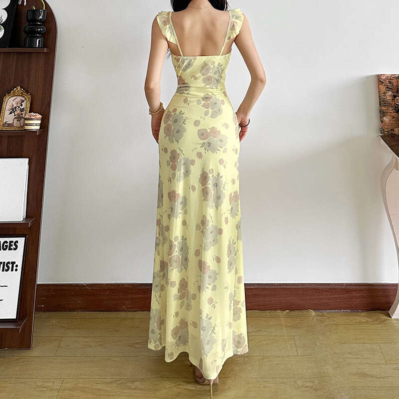 2025 Summer New Women's Sexy Low-Cut Hot Girl Vacation Style Printed Slim Backless Dress 862