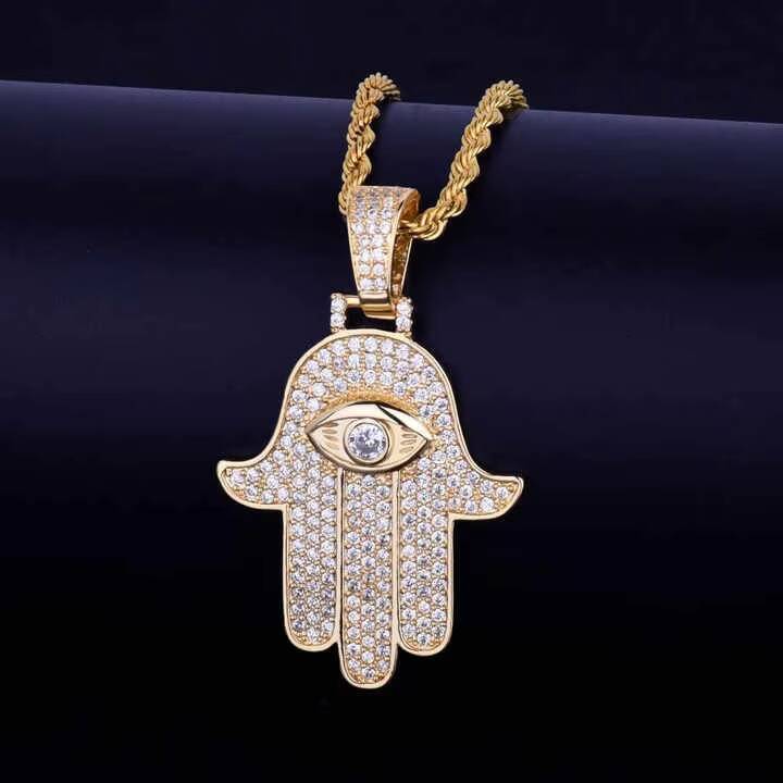 Exclusive Iced Out Fatima Hamsa Hand Pendant with VVS CZ and Moissanite Luxury Hip Hop Necklace for Unisex Fashion