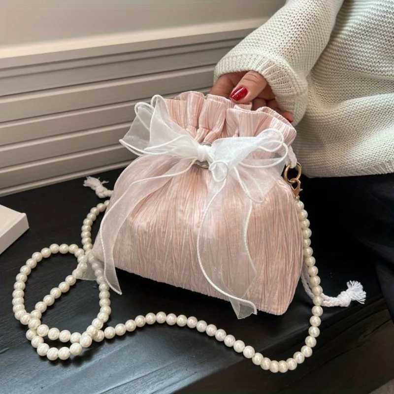 100% Cotton Linen Cotton Linen Crossbody Bag with Faux Pearl Chain - Versatile Stylish Bucket Shoulder Purse for Women Y250725