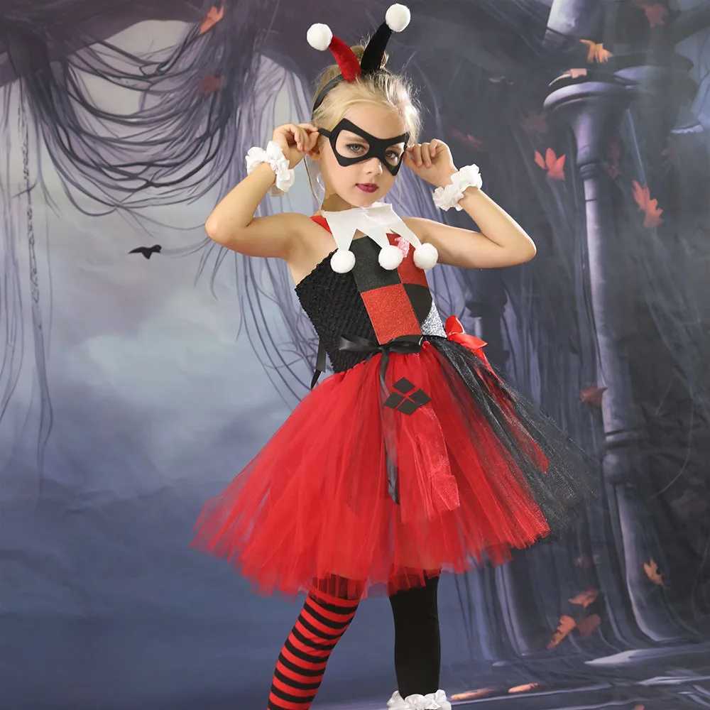 2024 Girls Clown Joker Costume Kids Cruella De Vil Fancy Dress Birthday Children Tutu Dress Halloween Villain Fantasy Cosplay Z250725