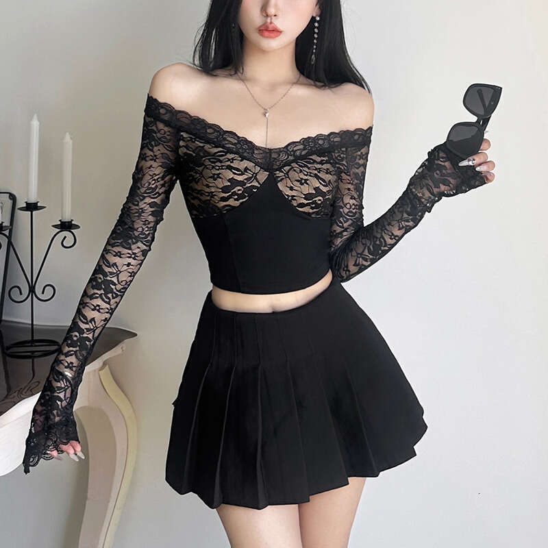 2024 Autumn New Women's Solid Color Slim Fit Fashion V-neck Long Sleeve Lace Patchwork Top 5c8