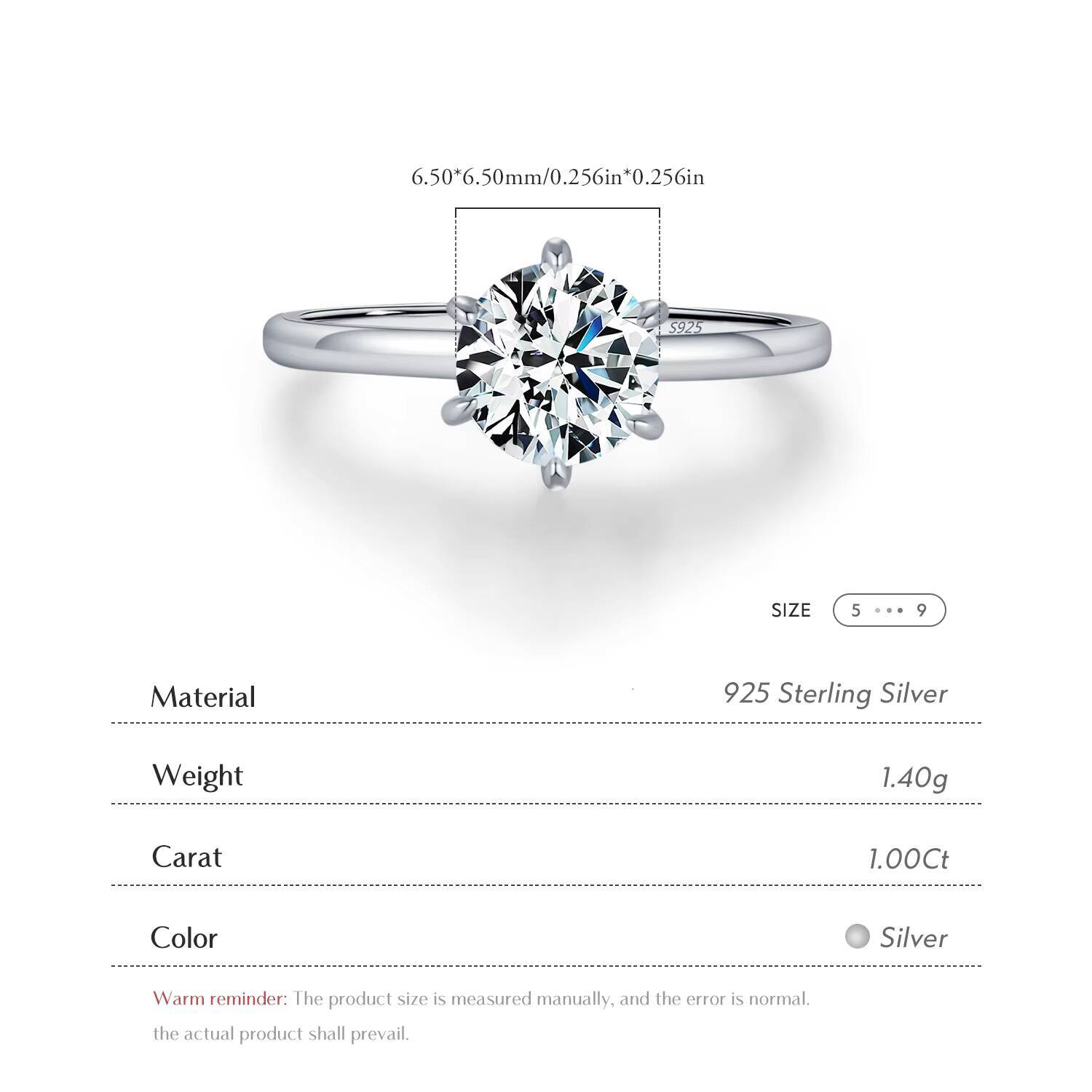 1CT Moissanite Lab Diamond Ring for Women 925 Sterling Silver Wedding Engagement Platinum Plated Fine Jewelry