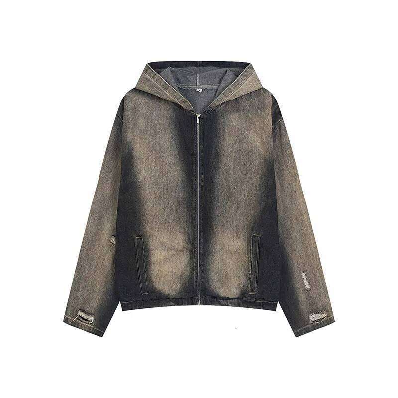 Men's High Street Vintage Hip Hop Jeans Jacket Streetwear Retro Denim Coat Washed Hooded Oversized Outerwear Loose Fit Tops
