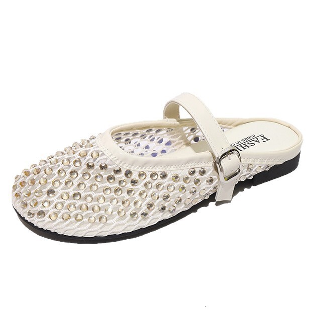 Ddmysports Shiny Diamond Niche Hollow Out Half For Women Summer Slip On Fairy Style Breathable Flat Closed Toe Slippers Outdoor Shoes