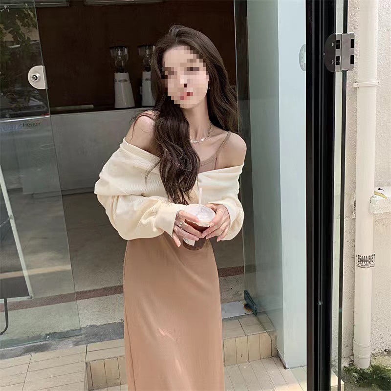 DR150 French style age-reducing belly-covering retro square-neck over-the-knee long skirt