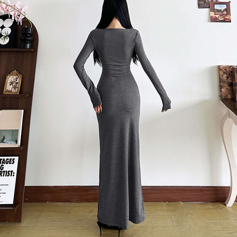 2024 Autumn Winter New Women's Solid Color Slim High Waist Bodycon Fashion Square Neck Long Sleeve Dress c47